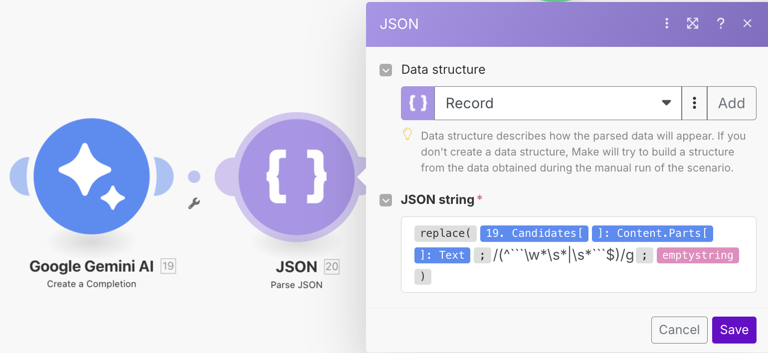 Converting Gemini response to JSON in Make.com